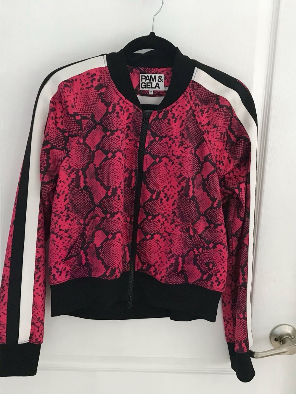 Pam & Gela Baby Bea Cropped Track Jacket in Fuschia Snakeskin Print, SzM